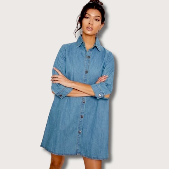 PrettyLittleThing Button Down Denim Shirt Dress Sz. 4 - Picture 2 of 9